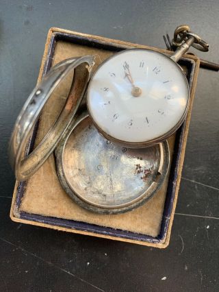 VINTAGE SOLID SILVER VERGE FUSEE POCKET WATCH PAIR CASE WITH KEY AND CASE 3