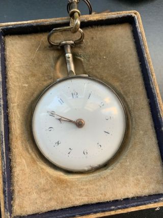 VINTAGE SOLID SILVER VERGE FUSEE POCKET WATCH PAIR CASE WITH KEY AND CASE 4