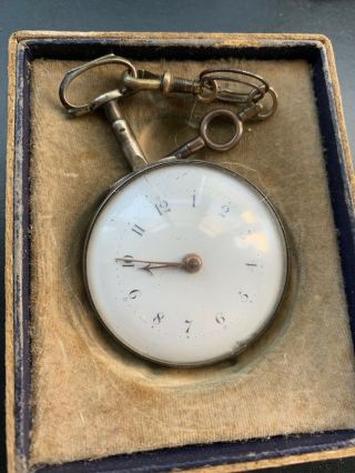 VINTAGE SOLID SILVER VERGE FUSEE POCKET WATCH PAIR CASE WITH KEY AND CASE 6
