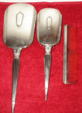 Antique Art Deco Sb Saart Bros Sterling Silver 3 Pc Brush Mirror & Comb Set