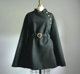 Vintage Black Wool Military Caped Coat With Matching Belt & Gold Buttons