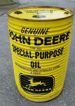 Vintage 55 Gallon John Deere Yellow Metal Ribbed Oil Drum Barrel Deer Logo
