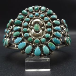 Classic 1960s Vintage Navajo Sterling Silver Turquoise Cluster Cuff Bracelet