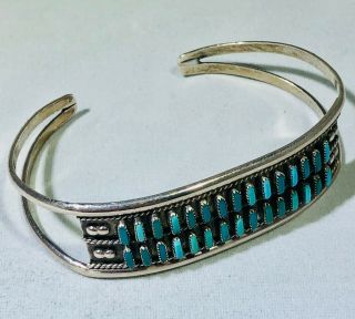 Vintage Signed Native American Sterling Silver Turquoise Petit Point Bar Cuff Br