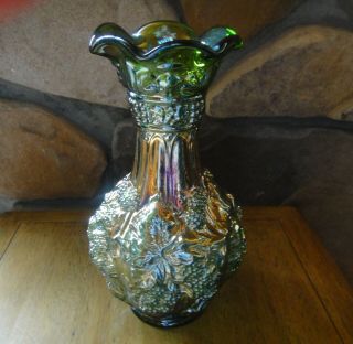 Vtg.  Lenox Imperial Carnival Glass Vase Loganberry/grape Clusters Green Gold Vgc
