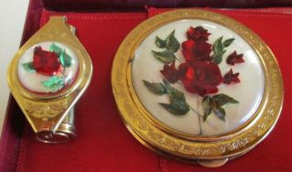 Vintage Crest Makeup Compact And Lipstick Holder Boxed Set - Flowers In Acrylic