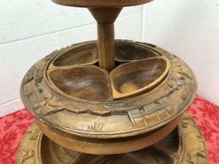 VINTAGE WOOD LAZY SUSAN MONKEY POD 3 TIER PINEAPPLE HAWAIIAN TIKI SERVER CARVED 3