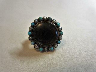 Antique Victorian 9ct Gold Turquoise & Seed Pearl Mourning Brooch,  Pin Hair Lock