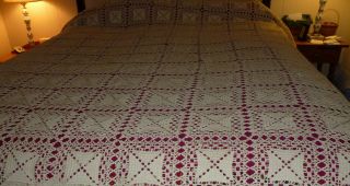 Vintage Handmade Ecru Beige Crochet Lace Bedspread Coverlet 88x88