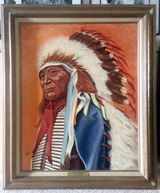 Vintage Portrait Of Native American Indian Chief/ Oil Paint/ Canvas/ Wood Framed