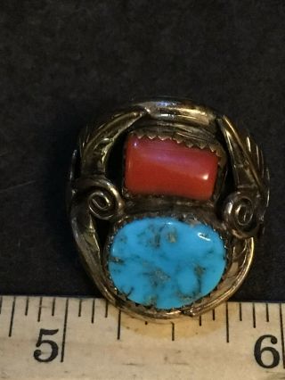 Vintage A.  J.  Platero Navajo Turquoise Coral Sterling Silver Gold Filled Ring