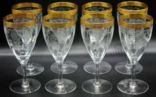 8 Gorgeous Vintage Tiffin Gold Encrusted & Etched 7 " Tall Wine Water Glasses
