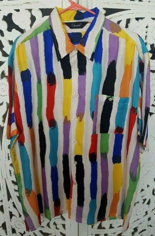 Vintage Genelli 100 Silk Short Sleeve Shirt Paint Print Colorful Size Large