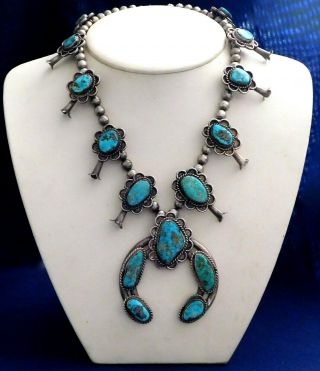 Native American Sterling 15 Turquoise Vintage Squash Blossom Necklace 218 Grams