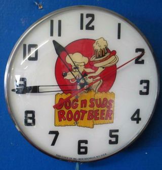 Vintage Pam Lighted Advertising Dogs N Suds Root Beer Clock