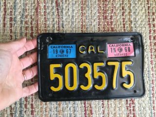 VINTAGE 1960s California Motorcycle License Plate Black Yellow 1967 1968 2