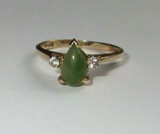 Trubrite 10k Yellow Gold Pear Cabochon Green Jade And Diamond Ring - Size 5.  5