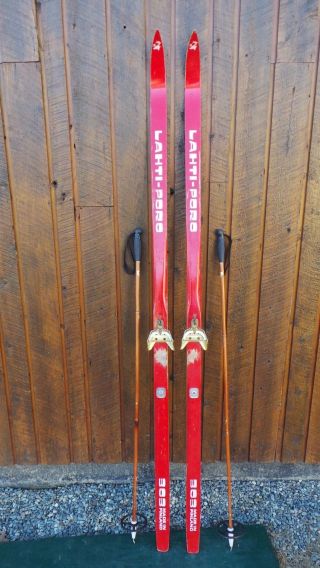 Vintage Wooden 80 " Skis Has Red Finish Signed Lahti,  Bamboo Poles