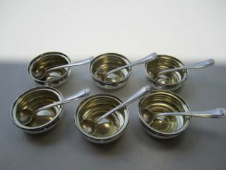 Set Of 6 Old Sterling Silver Salt Cellars Gold Wash Interior & 6 Matching Spoons