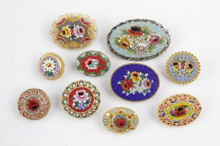 10 X True Vintage Italian Micro Mosaic Brooches Round & Oval Floral Designs