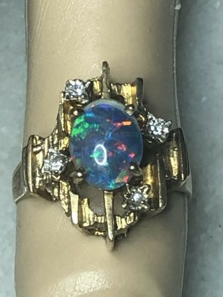 Solid 9ct 375 Gold Vintage Opal And Natural Diamond Ring