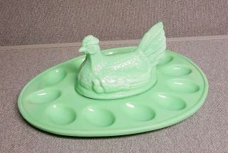 Vintage L E Smith Jadeite Green Deviled Egg Plate W/ Nesting Hen Htf