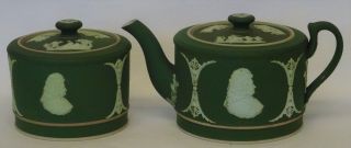 Rare Wedgwood Olive Green Jasper Eli Yale Yale University Teapot & Sucrier C1900