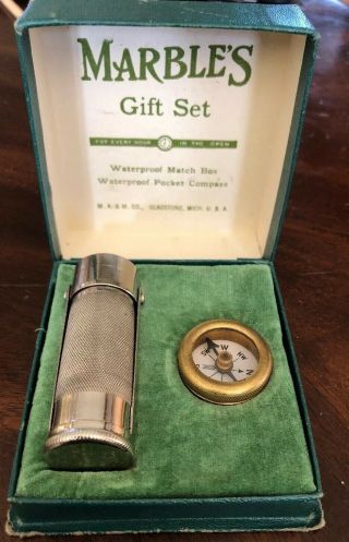 Vintage Marbles Gift Set Green Velvet Box Matchsafe Compass Gladstone