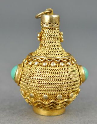 Antique Chinese Gold Gilt Silver Filigree Turquoise Vinaigrette Scent Pendant