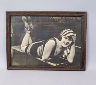 Rare 1920s Vintage Ad Auto Garage Albany Ny Flapper Pin Up Girl Framed Photo