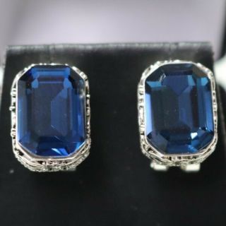 Vintage Carved Antique Blue Radiant Cut Sapphire Earrings 14k White Gold Plated