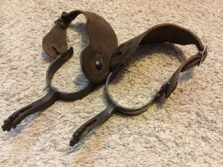 Vintage / Antique Mark Thomas Spurs With Brown Leather Straps Marked By Button