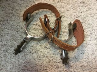 Vintage / Antique Crockett Spurs With Brown Leather Straps Marked On Edge