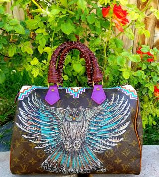 Authentic Louis Vuitton Speedy 30 Handbag Vintage Custom Hand Painted Owl Purse