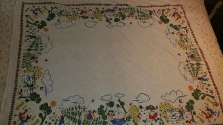 Vintage Cotton Print Tablecloth Farm Garden Country Life Skinny Dipping Outhouse