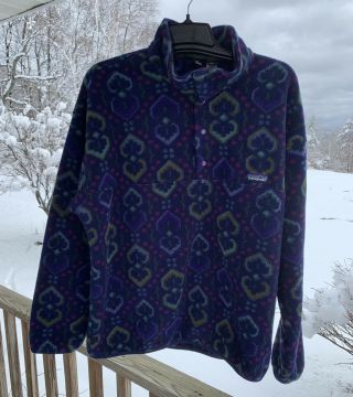 Men’s Xl Vintage Patagonia Snap T Navy Blue Print Pullover Fleece Jacket Usa Exc