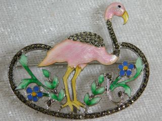 Vtg Art Deco Guilloche Enamel Pink Flamingo Maracsite Sterling Silver Brooch Pin