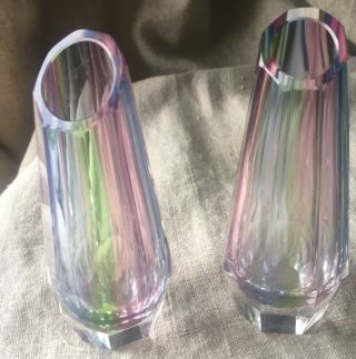 Rare Pair Vintage Murano Sommerso Faceted Hexagonal Block Vases Rainbow Colors