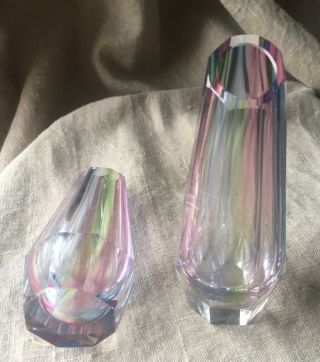 Rare pair Vintage Murano Sommerso Faceted Hexagonal Block Vases Rainbow colors 2