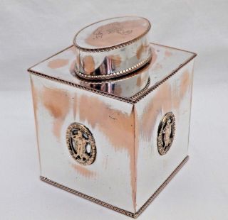 Antique Sheffield Silver Plate On Copper Square Tea Caddy Canister