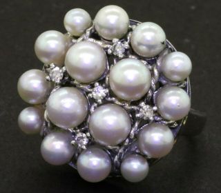 Heavy Vintage 14k Wg 0.  15ct Vs1/g Diamond & Pearl Cluster Cocktail Ring Size 6.  5