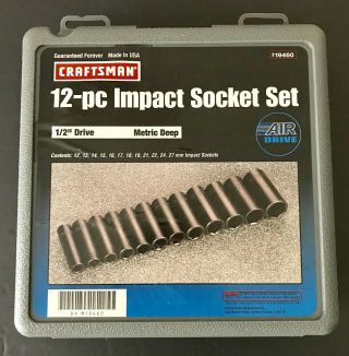 Vintage Craftsman 12 Pc Deep Impact Socket Set 1/2 - Inch Drive Metric Model 19460