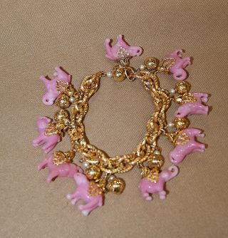 Rare Vintage Napier Gold & Pink Glass Elephant Bracelet & Extra Elephant Earring