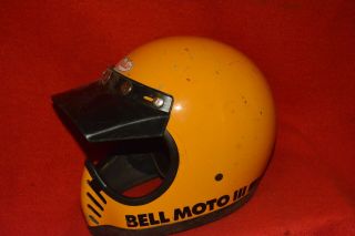 Vintage 1975 Bell Moto Iii Star Yellow Helmet Size 7 - 1/4 With Moto Peak Visor