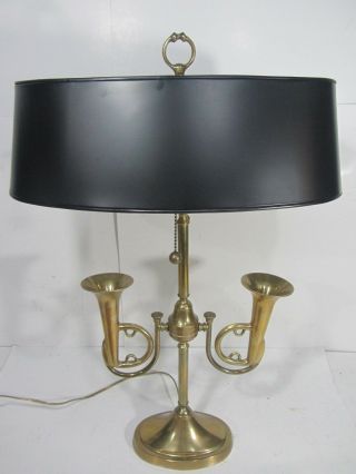 Vintage French Horn Brass Bouillotte Tole Desk Lamp W/ 2 Lights;