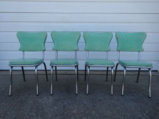 4 Vintage Msm 1950s Kuehne Khrome Dinette Chrome Green Vinyl Diner Dining Chairs