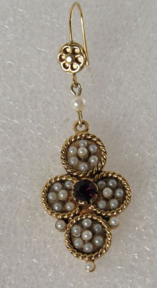 Vintage Victorian 14k Gold Seed Pearls Red Garnet Dangle Single Earring 3.  5g