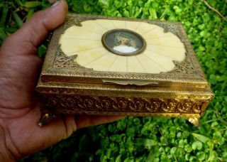 Vintage Music Box Miniature Portrait Jewelry Brass & Celluloid