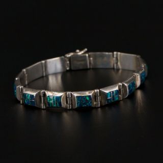 Vtg Sterling Silver - Navajo Opal Inlay Mosaic Link 7 " Bracelet - 20.  5g