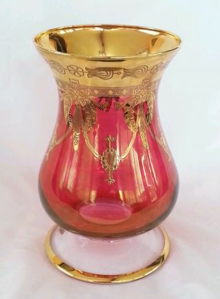 Vintage Venetian Hand Blown Gilded Cranberry Glass Vase 8.  75 Inches